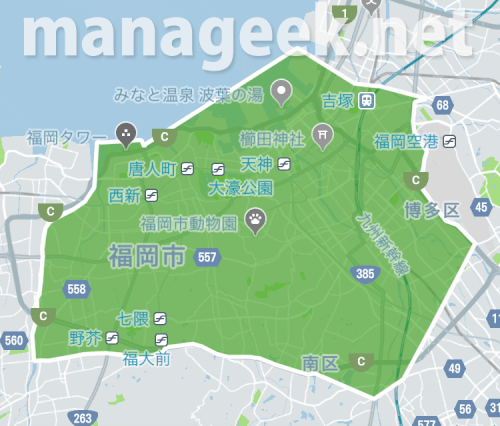 ウーバーイーツ福岡はバイトより稼げるか、福岡エリアのマップ画像