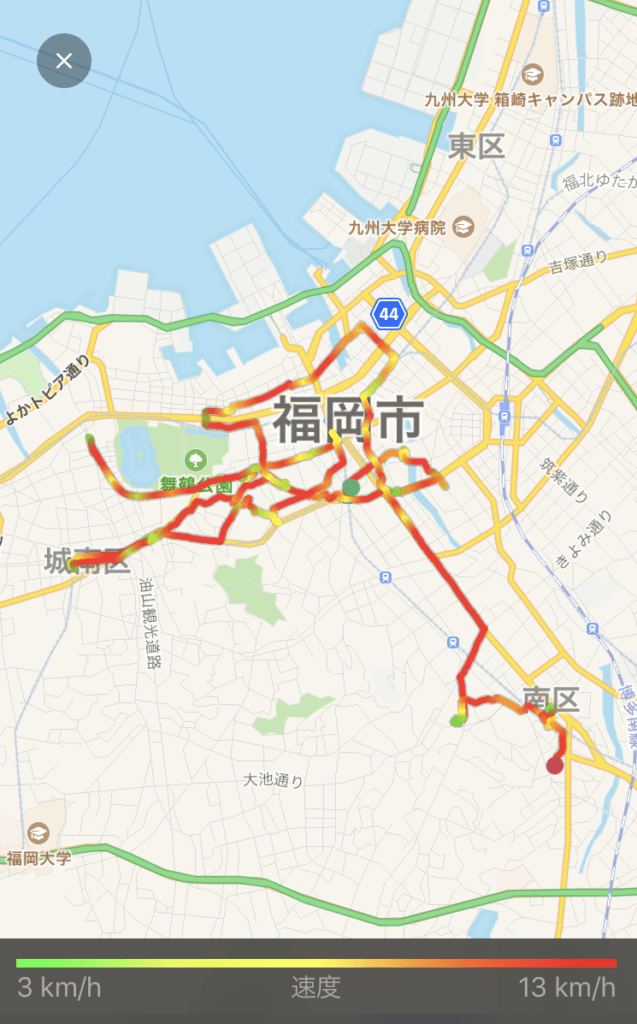 ウーバーイーツ福岡はバイトより稼げるか、自転車で稼動した1日目の走行距離画像